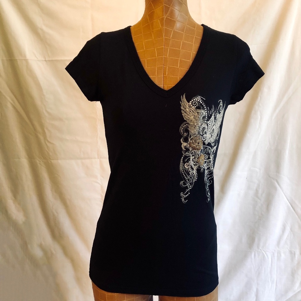V_Neck, Tunic Length Winged Tee Shirt with Rhinestones
